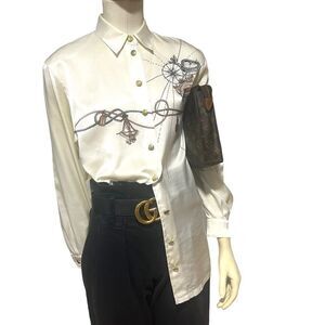 Horst Basler Vintage Shoulder Pads White Satin Blouse Chain Globe print